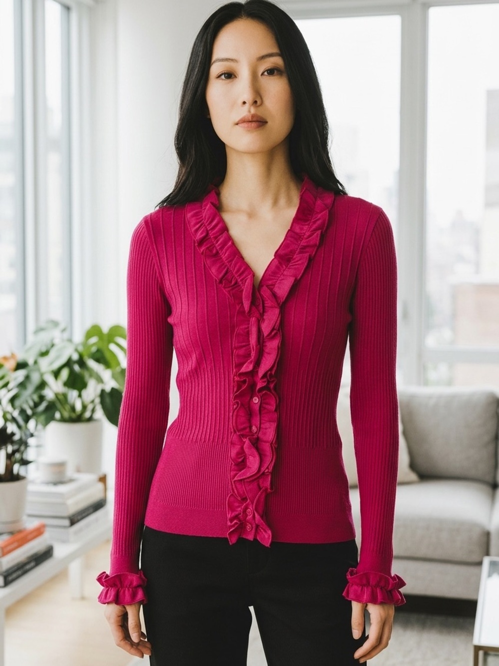 ANNE FONTAINE (M) Parfaite Ribbed Ruffle Sweater Fuschia Cotton EU40/USM *FLAW